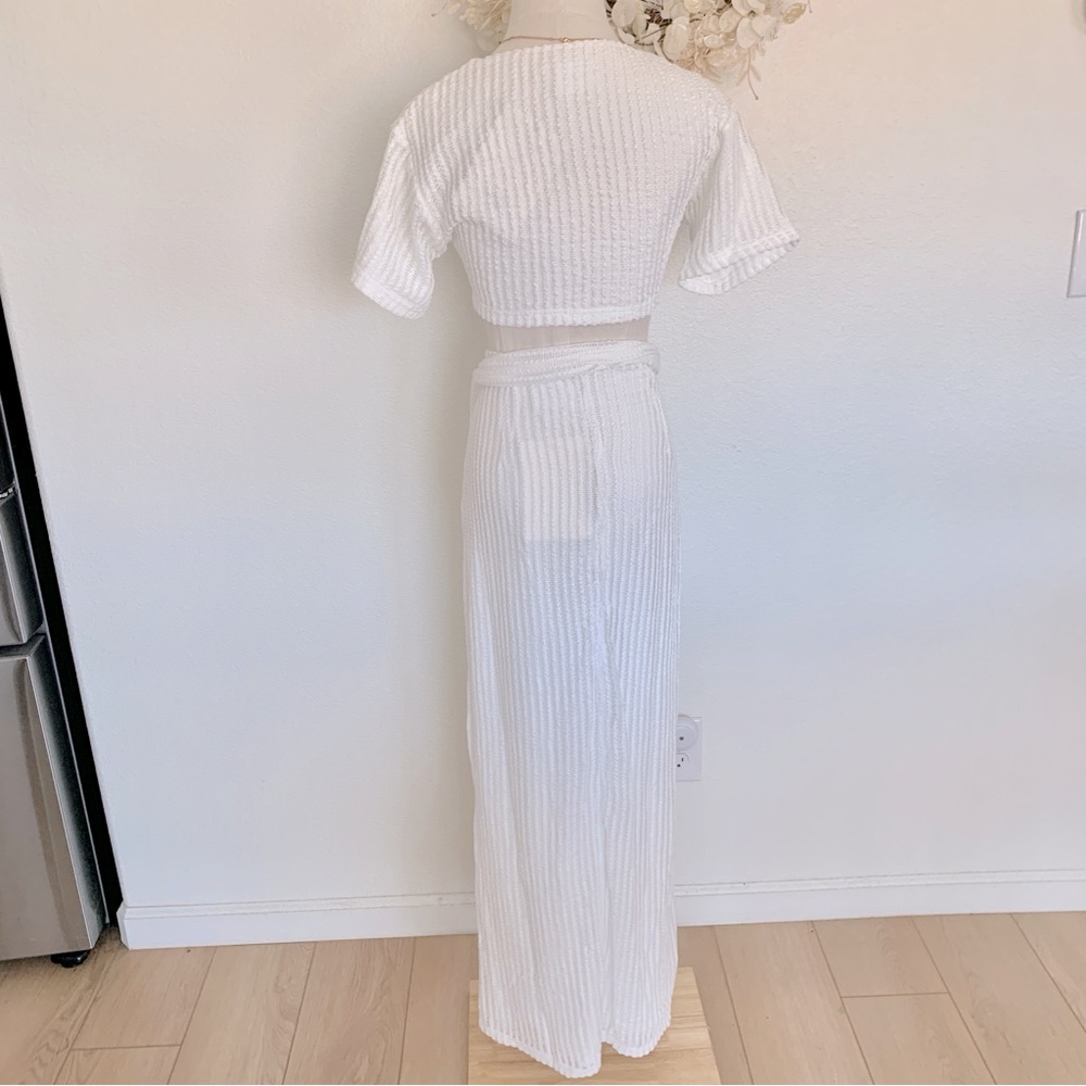 ☁️ SABO Florence White Ribbed Knit Knot Front Wrap Top Wrap Maxi Skirt Set - Picture 11 of 16